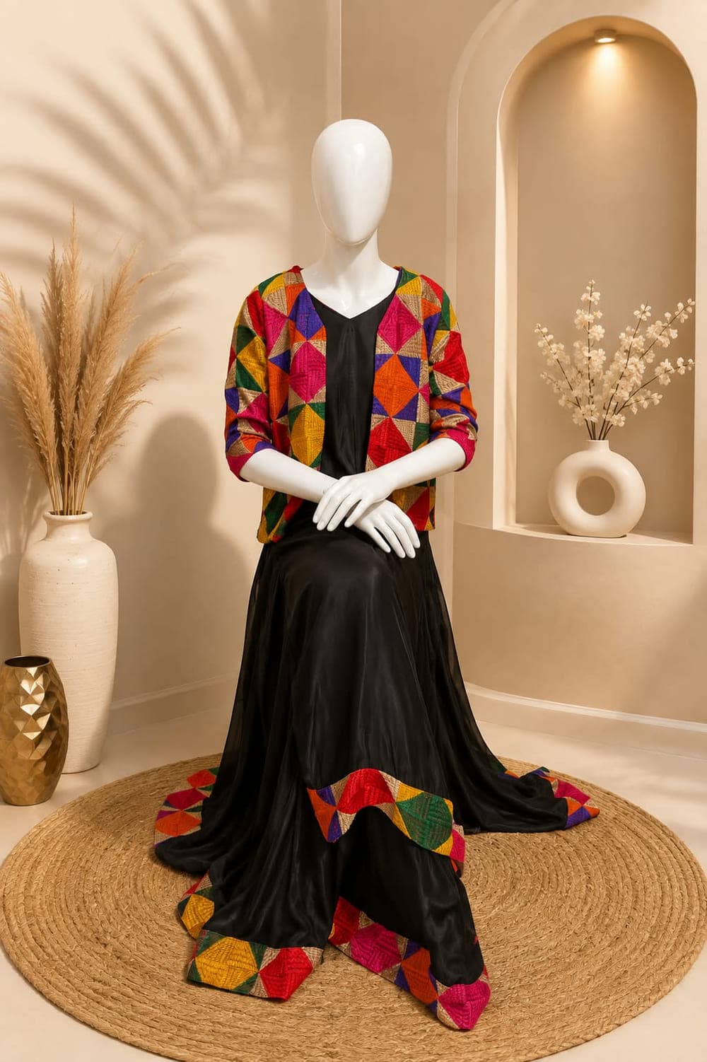 A black crape kurta and flared lehenga under a multicolour phulkari-embroidered jacket, shown on a mannequin