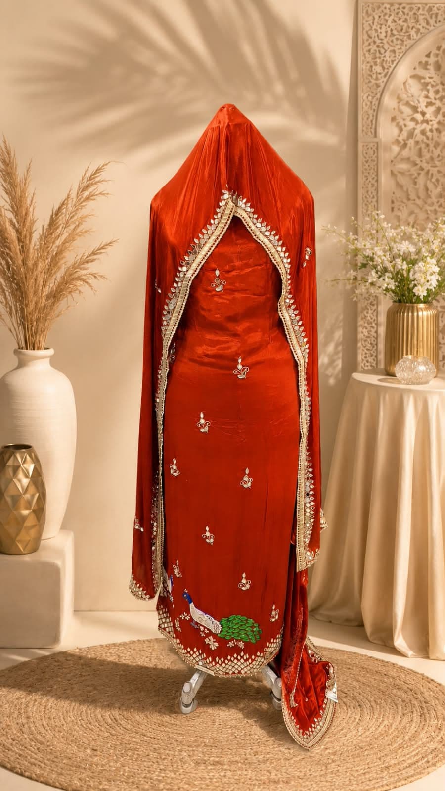 A rust-orange silk suit with mirror-work motifs and a peacock-embroidered hem, draped with a matching mirror-bordered dupatta